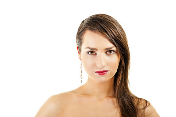 Obraz premium Beautiful woman on white background with long hair