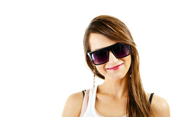Woman on white background with sunglasses
