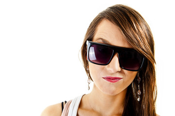 Woman on white background with sunglasses
