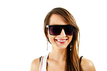 Woman on white background with sunglasses