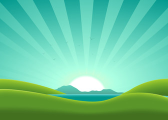 Fototapeta premium Cartoon Summer Lake Landscape