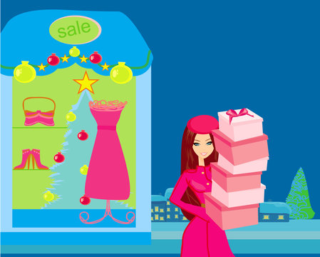 fashion shopping girl with shopping bags and gift box