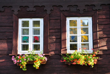 Fototapeta na wymiar flowers and wooden house, the Czech Republic