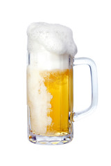 Foaming beer in mug, isolated on white