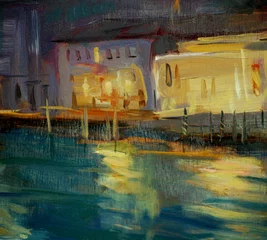 Papier Peint Lavable Café de rue dessiné paysage de nuit à Venise, peinture à l& 39 huile sur toile