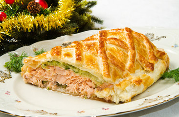 Traditional salmon in puff pastry