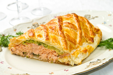Traditional salmon in puff pastry