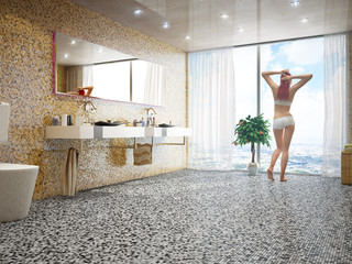 Junge Frau im modernen Badezimmer mit Ausblick 3D