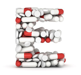 Letter E, alphabet from pills