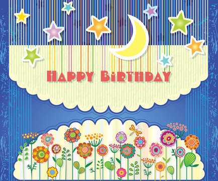 Greeting Card Happy Birthday. Flowers and stars in the night sky