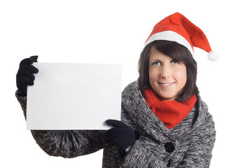 Weihnachtsfrau mit Schild