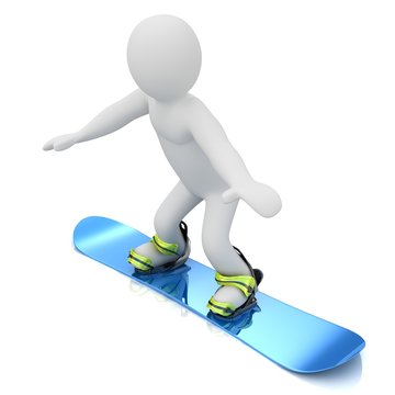  3D puppet person flying on a snowboard.