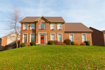 Brick house decorated for Christmas in Kentucky