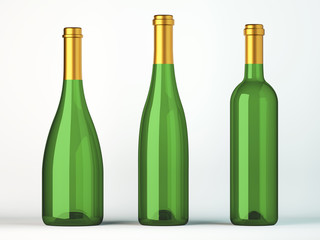 Three green bottles for wine with golden labels