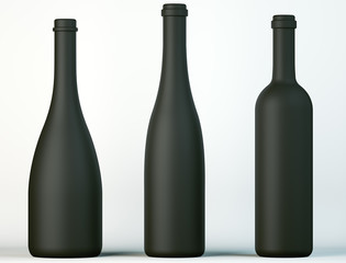 Three uncorked black bottles for wine or beverages