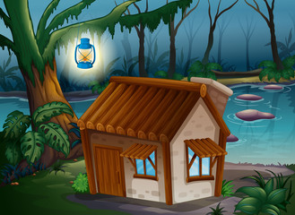 Une maison, une lampe et une rivière