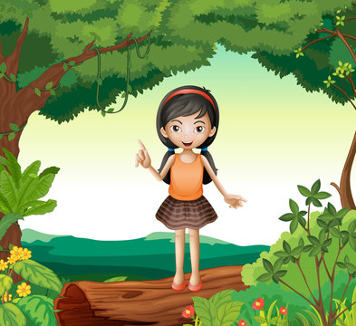 A girl standing on wood in nature