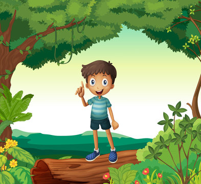 A boy standing on wood in nature