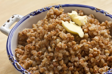 Hot buckwheat  in ceramic bowl