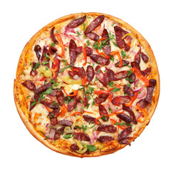 Sausage pizza with herbs  as food background