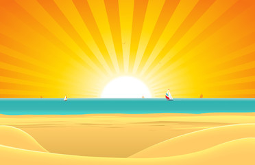 Fototapeta na wymiar Summer Beach With Sailboat Postcard Background
