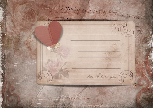 Vintage background with roses and old card