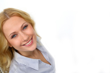 Portrait of beautiful blond woman on white background