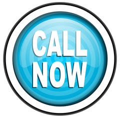 call now blue glossy icon isolated on white background