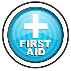 first aid blue glossy icon isolated on white background