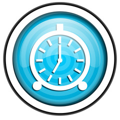 alarm clock blue glossy icon isolated on white background