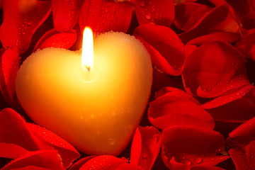 Heart shape candle and rose petals - obrazy, fototapety, plakaty