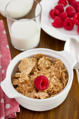 cereals in the bowl, raspberries and milk