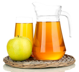 Full glass and jug of apple juice and apple isolted on white