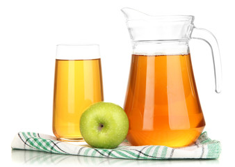 Full glass and jug of apple juice and apples isolted on white