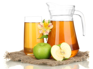 Full glass and jug of apple juice and apples isolted on white