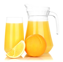 Full glass and jug of orange juice and oranges isolated on