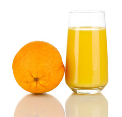 Delicious orange juice in glass and orange next to it isolated