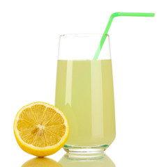 Delicious lemon juice in glass and lemon next to it isolated