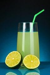Delicious lemon juice in glass and limes next to it
