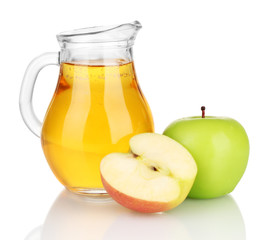 Full jug of apple juice and apple isolated on white