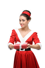 cheerful retro girl holding red gift