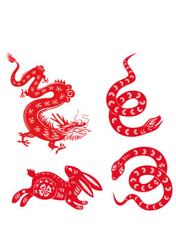 Chinese Zodiac Animals: Snake, Dragon, Rabbit.