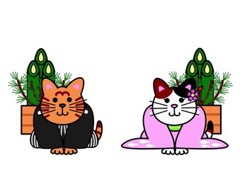 和服姿の猫と門松