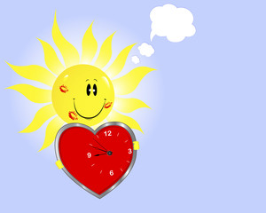 Smiling sun with clock in the shape of heart.