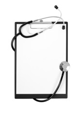 Blank clipboard with modern stethoscope, space for messages - 47872117