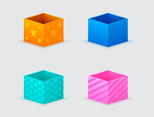 four gift boxes of orange, blue, turquoise, pink color