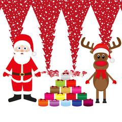 Christmas reindeer and Santa Claus with gifts