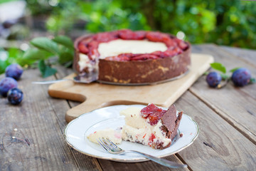 Fresh baked cheesecake with plums
