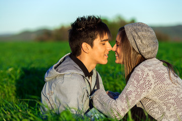 Young couple in countryside showing affection.