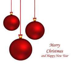 Christmas balls hanging with ribbon bows isolated on white backg